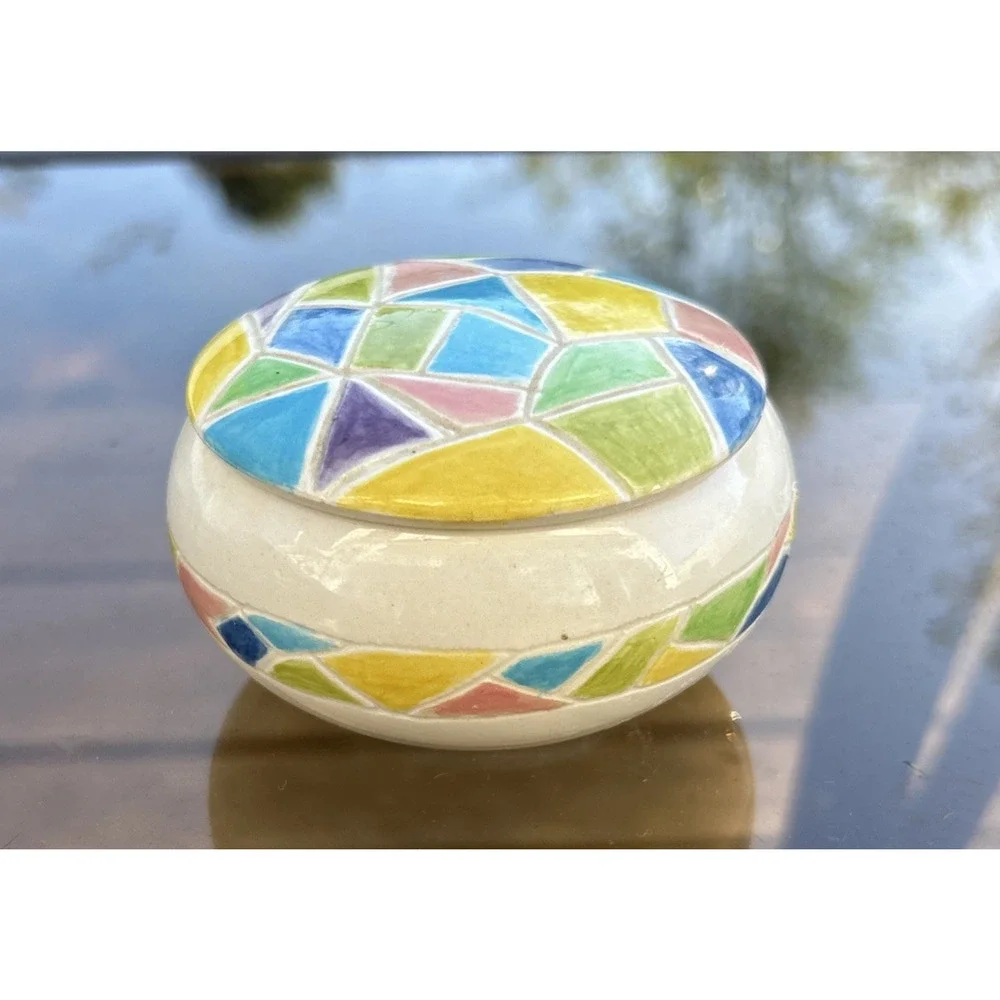 Vintage Mosaic Mini Trinket Pill Ring Box Ceramic Boho Art MC Blue Yellow Green